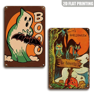Plaque Métallique Rétro Halloween Boo Ghost Bat, Décoration Murale Effrayante <span class=keywords><strong>Chat</strong></span> Noir Hibou Citrouille pour Porche, Jardin, Bar, Maison - Product Image 1
