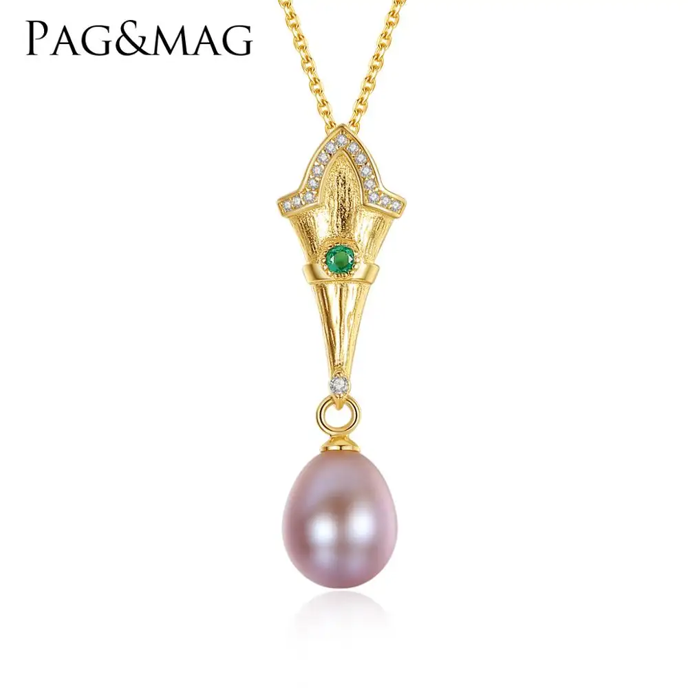 PAG&MAG S925 Gold Color Chain for Torch Design White Pink Purple Color Natural Pearl CZ Necklace