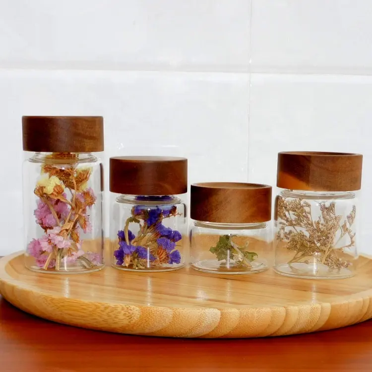 Kleine Schroef Handgemaakte Hoge Borosilicaat Glazen Opslagfles Pot Met Acacia Houten Deksel Voor Kruidenkruid