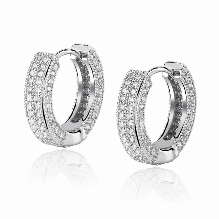 Mode Hip Hop Bijoux Boucles D'oreilles 18K Plaqué Or CZ Pierre Pave Glacé Boucles D'oreilles Hoop 4 Rangée pour Hommes