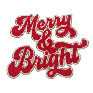 Popular Big Holiday Christmas Chenille Patches Iron on 11IN Red Letter Merry and Bright Chenille Patch for Hoodies Christmas