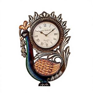 Horloge murale décorative en bois sculpté à la main, design paon, style Art Déco, avec mouvement à quartz, par SwamiG Tradex - Product Image 1