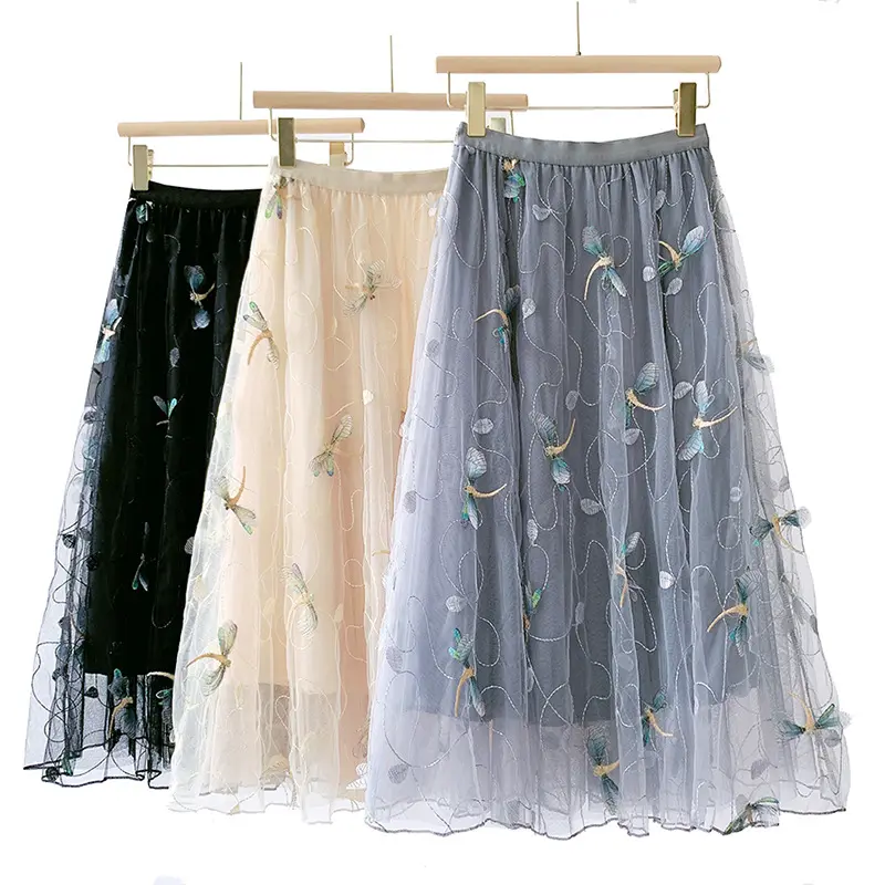 Elegant,Cheap And Popular Women Three-dimensional Flower Embroidered Gauze Skirt High Waist And Thin Middle And Midi Skirt