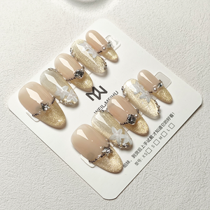 <span class=keywords><strong>Uñas</strong></span> Acrílicas Adhesivas en Forma de Almendra, Color <span class=keywords><strong>Rosa</strong></span> Nude Brillante <span class=keywords><strong>con</strong></span> Destellos Dorados Champán y Pedrería, Reutilizables - Product Image 5