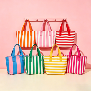Custom Contrast Color Striped Cotton <b>Bag</b> Eco-friendly Foldable Party Beach Grocery School College Mini Handle Canvas <b>Tote</b> <b>Bag</b> - Product Image 2