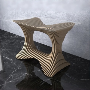 โต๊ะอาหารไม้เนื้อแข็งสั่งทำพิเศษ โต๊ะ<span class=keywords><strong>กาแฟ</strong></span> ท็อปกระจกใส ดีไซน์โค้งเว้า ลายไม้ระแนง สำหรับโรงแรมและบ้าน - Product Image 1