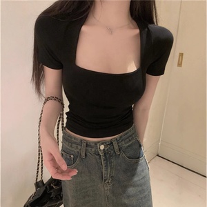 T-<span class=keywords><strong>shirt</strong></span> à manches courtes à la mode coupe ajustée pas cher femmes 2025 été nouveau haut court à col carré français - Product Image 2