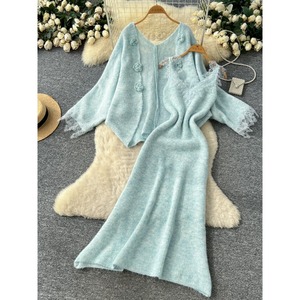 Sanftes Temperament 2-teiliges Set Damen Herbst Winter 3D Blume Langarm Strick Strickjacke Oberbekleidung Spitze getäfeltes Kleid - Product Image 3