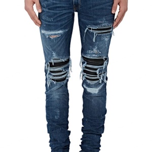 Nouveau style tendance : Jean skinny pour homme, denim déchiré avec empiècements en cuir, des 10 meilleures marques de jeans, prix de gros - Product Image 2