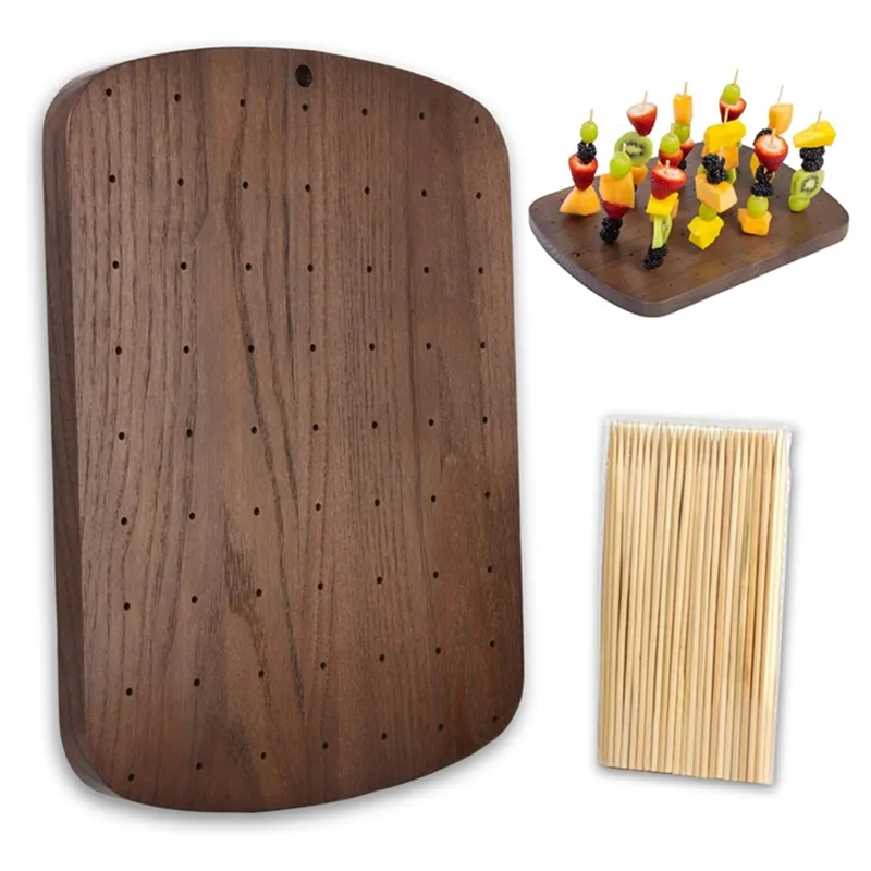 Porta spiedini di legno con 100 pezzi spiedini di bambù per antipasti espositore cibo in legno con 63 fori per Party BBQ Kabobs di frutta