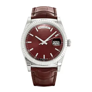 unisex watch Date 36mm stainless Cherry Dial & Fluted Bezel Bordeaux Leather Strap 118139 luxury 2836 automatic couple watch