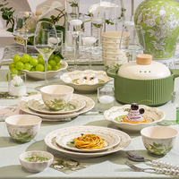 Service de table en céramique de style européen, 58 pièces, assiettes en porcelaine à motifs floraux, vaisselle en céramique verte