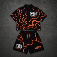 Ensemble deux pièces personnalisé pour homme : Polo à manches courtes imprimé vagues de flamme et short à cordon de serrage – Survêtement formel assorti 100 % coton