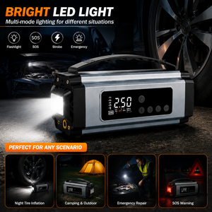 เครื่องสูบลมยางแบบพกพาสำหรับรถยนต์ 150PSI พร้อมไฟ LED แบตสำรอง และอุปกรณ์ช่วยเหลือฉุกเฉิน - Product Image 3
