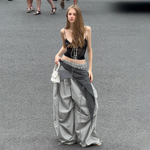 Pantalon cargo long à fronces et à volants, coupe ample, style West Coast, tendance Hot Girl Europe-Amérique, unique, streetwear décontracté et relaxé - Product Image 1
