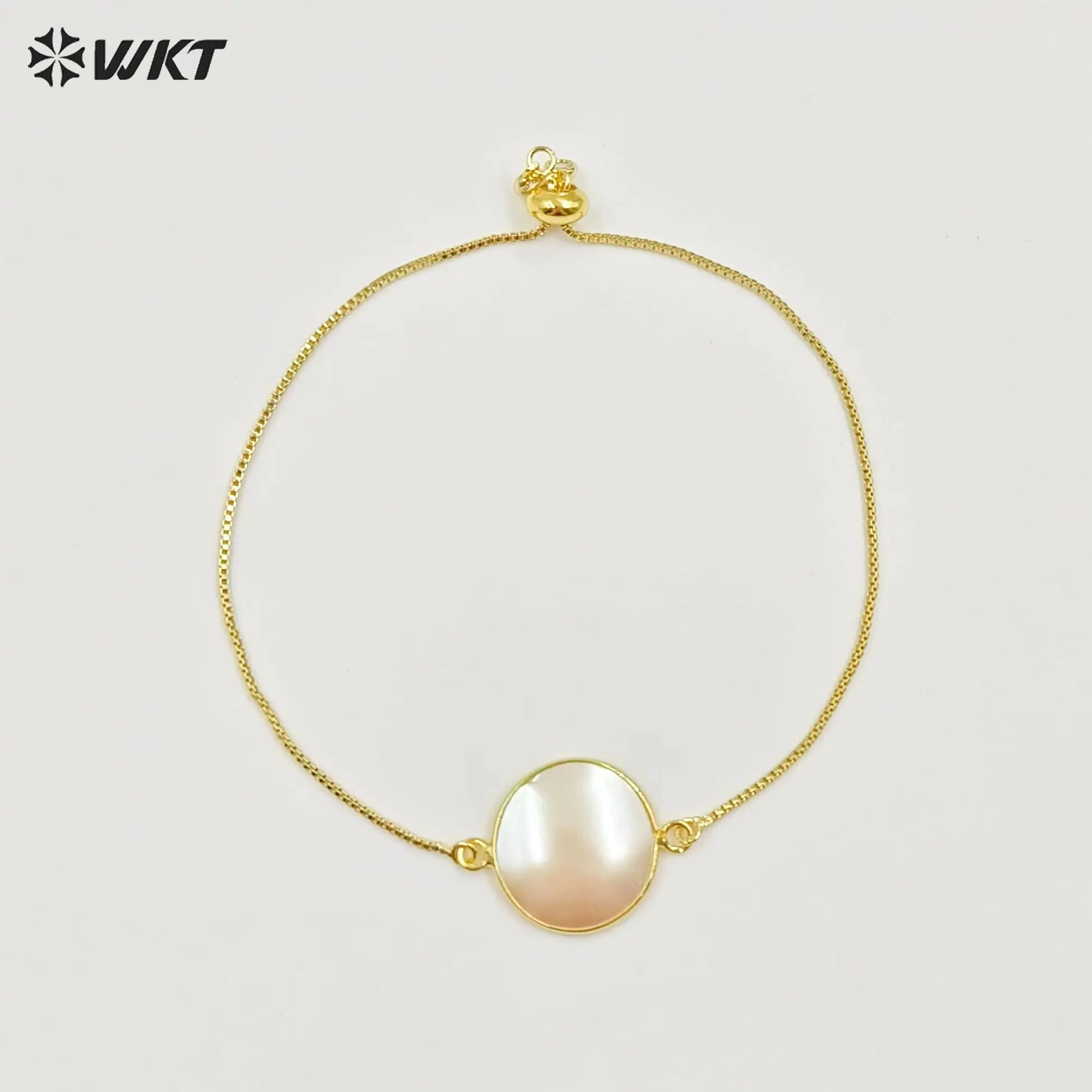 WT-MPB099 gelang pesona bulat manik-manik Mabe putih elegan cantik menakjubkan dalam Bezel emas yang dapat disesuaikan di sekitar gelang cangkang