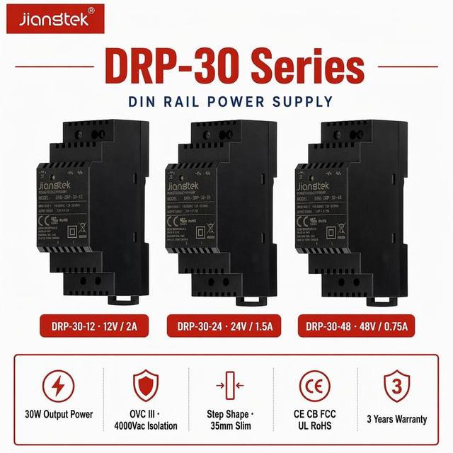 Jiangtek DRP-30 30W 12V 24V 48V Step Shape OVC III 4000Vac 90% Efficiency TS-35 DIN Rail Switching Power Supply
