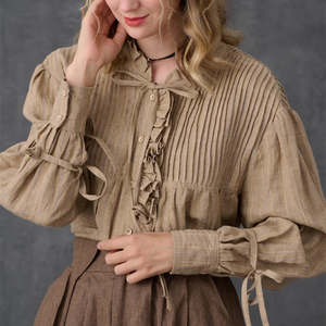 Camicette da <span class=keywords><strong>donna</strong></span> organiche naturali a maniche lunghe a pieghe marroni personalizzate Vintage 100% cotone Plus Size abbigliamento <span class=keywords><strong>donna</strong></span> - Product Image 1