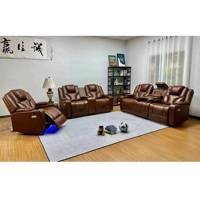 Conjunto de Sofás Reclinables Eléctricos de Cuero Sintético de Alta Calidad con Reposacabezas Móvil y Mesa Elevadora, Ecológico para Sala de Estar