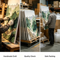 Peinture à l'huile texturée abstraite de montagne verte brumeuse en relief 3D peinte à la main, encadrée, décoration murale pour hall d'hôtel Huamiao