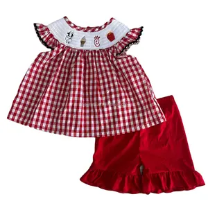 Puresun custom clothing baby girl smocking sets fried food embroidery high quality woven gingham girl outfits