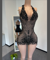 Robe Courte Femme Personnalisée Ocstrade Col Halter en V avec Diamants, Perles et Strass, Robe de Soirée de Luxe, Robe de Club Célébrité en Maille à Franges