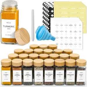 Bouteilles d'épices carrées Bocaux à épices en verre Bouteilles Bouteilles de stockage de cuisine Pot à condiments Couvercles de 4oz avec bambou 24pcs Set 120ml