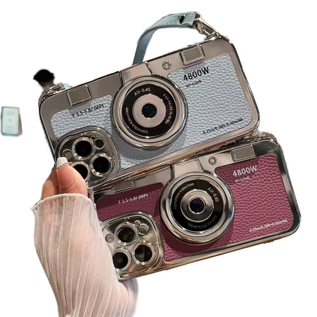 Creative Flying Luxury 3D Retro Camera Electroplate TPU City Scenery Phone Case 15/14/13/12 Pro Max/L Plus Shockproof Lanyard