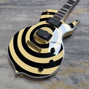 Guitare électrique Odin Zakk, style anneau noir et jaune, équipée de micros <span class=keywords><strong>EMG</strong></span>, accastillage doré, extrémités de frettes rondes pour une sensation de jeu fluide - Product Image 1