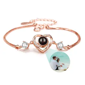 Hot Sale Heart Shape Copper Brass Zirconia Jewelry Photo Projection Bracelet Women Brass Pendant Bracelet