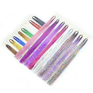 HM2473 Natural Straight Hair Extension Hair Tinsel Kit with 18 Colors Glitter Hair Tinsels with Beads Tool