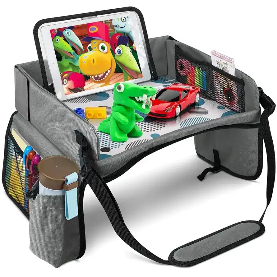 Bandeja de asiento de coche personalizada para niños pequeños, mesa de asiento de coche más nueva, bandeja de viaje para niños con tablero de borrado en seco y bolsa para el polvo