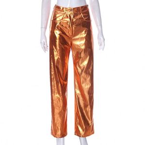 Candy Jelly Color mujeres Shinny Pu cuero pantalones sueltos de cintura alta mujeres moda recta Casual Streetwear Pantalones - Product Image 3