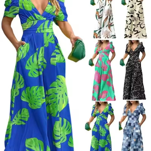 Vestido Casual de Verano para Mujer, Ecológico, 100% Poliéster, Estampado Floral Europeo Americano, Cuello en V, Manga Corta, Largo hasta el Suelo, Ajustado - Product Image 1