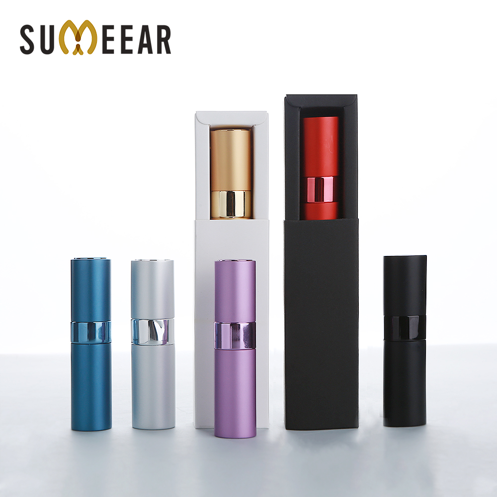 SUMEEAR 8ml Aluminum Shell Flat Rotate Perfume Atomizer Refillable Glass Spray Bottles Packaging Box Lipstick Tube Print LOGO