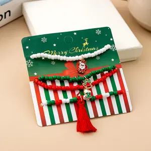 2024 Red Green Christmas Bracelet Sets Gifts Glass Clay Beaded Christmas bracelets Jingle bell Christmas color Rope bracelets