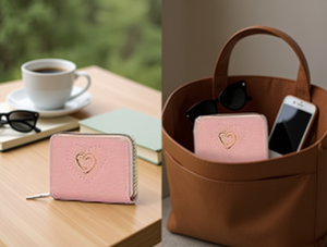 Portafoglio piccolo da donna in PU con chiusura a cerniera con incisione a cuore, stile minimalista - Product Image 2