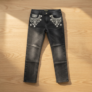 Jeans de Mezclilla Ajustados con Pedrería Negra para Mujer, Cintura Alta, Pierna Recta, Estilo Vintage, Casual, Pantalones Largos - Product Image 3