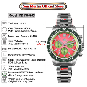 Reloj cronógrafo <span class=keywords><strong>San</strong></span> Martin de 40mm para buceo Peacock SL-4801, movimiento automático, reloj de pulsera mecánico de lujo para hombre, resistente al agua SN0118GJS - Product Image 6