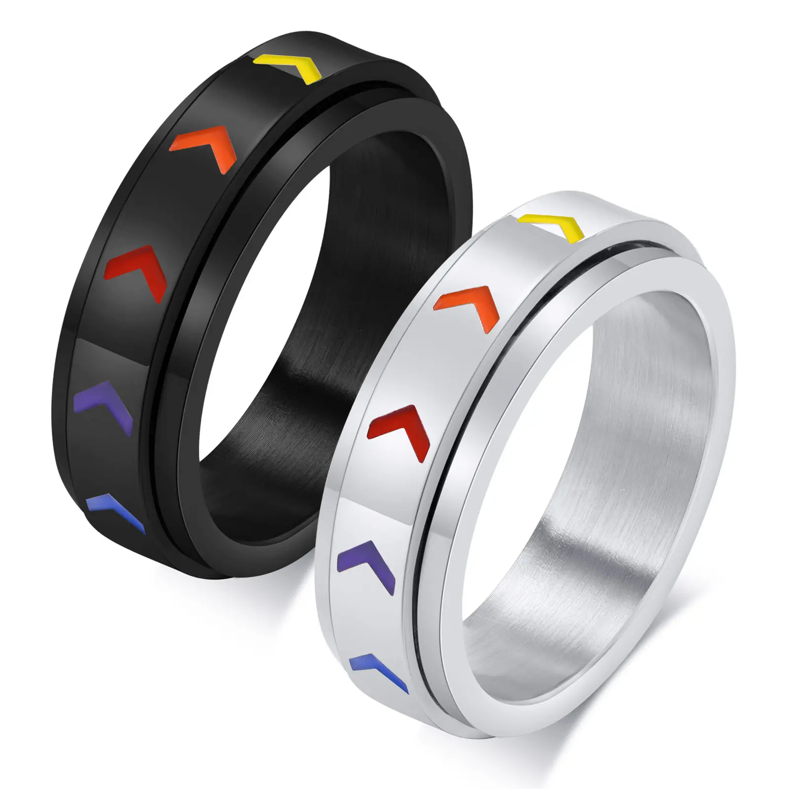 Anel giratório de amizade prateado preto de aço inoxidável com pneu arco-íris giratório para gays e lésbicas, anel de dedo para o orgulho da moda