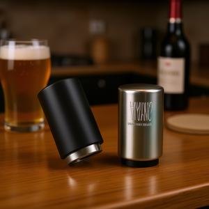 Ensemble d'ouvre-bouteilles magnétiques portables à poussoir, en acier inoxydable, noir et irisé, marque DB, design rond moderne, lot de 2 - Product Image 2