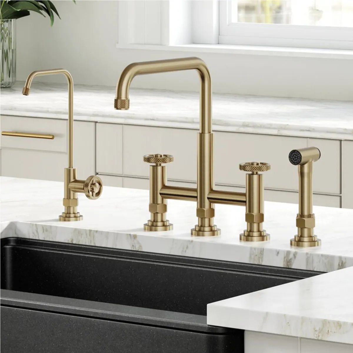 Aquacubic Brushed Gold Bridge Kitchen Faucet 3 Hole 2 Wheel Handle Kitchen Sink Faucet
