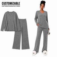 Ensemble deux pièces côtelé en maille à col en V pour femme, coupe ample, pantalon droit, collection automne – Direct Fabricant