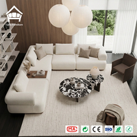 Canapé modulaire sculptural moderne en forme de L avec insert de table en bois massif – Solution de mobilier de luxe tout-en-un