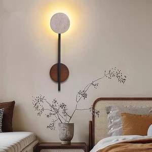 Lámpara de pared estilo Wabi Sabi con discos de travertino y madera de nogal, fuente de luz LED, montada en la pared para dormitorio, sala de estar, ambiente. - Product Image 1