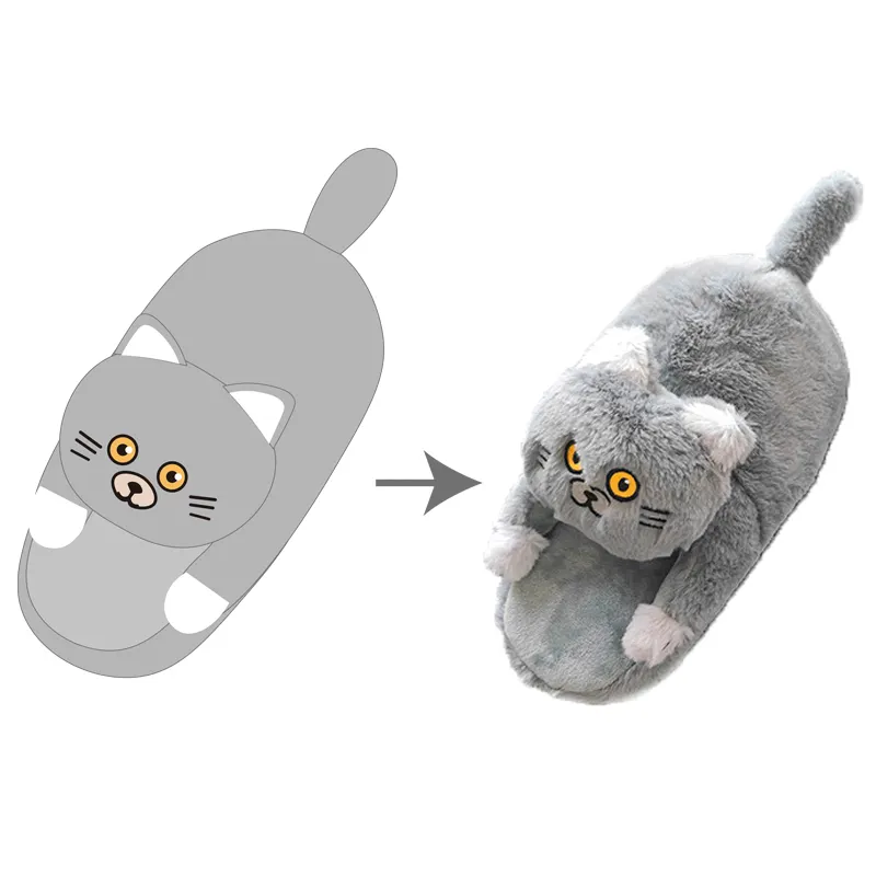 Custom Make Animal Indoor Home Fluffy Winter Plush Furry Cat Slipper for Woman