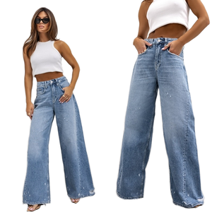 NOVEDAD DE VERANO 2025, pantalones vaqueros lisos lavados rasgados rectos Retro para mujer, pantalones vaqueros informales transpirables de cintura media en Stock - Product Image 1