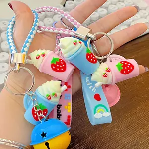 Nouveau Style Creative 3D Ice Cream Keychain Porte-clés en caoutchouc Porte-clés fraise