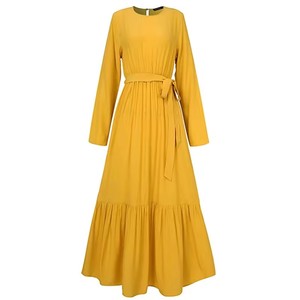 Vestidos largos vintage personalizados para mujer plisados empalmados con cinturón suelto manga larga casual señoras Maxi vestido - Product Image 1