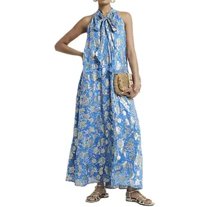 Individueller Druck Großhandel Damen langes hawaiianisches Kleid Chiffon Halter Hals ärmellos blau blumiger Glitter Shift Maxikleid